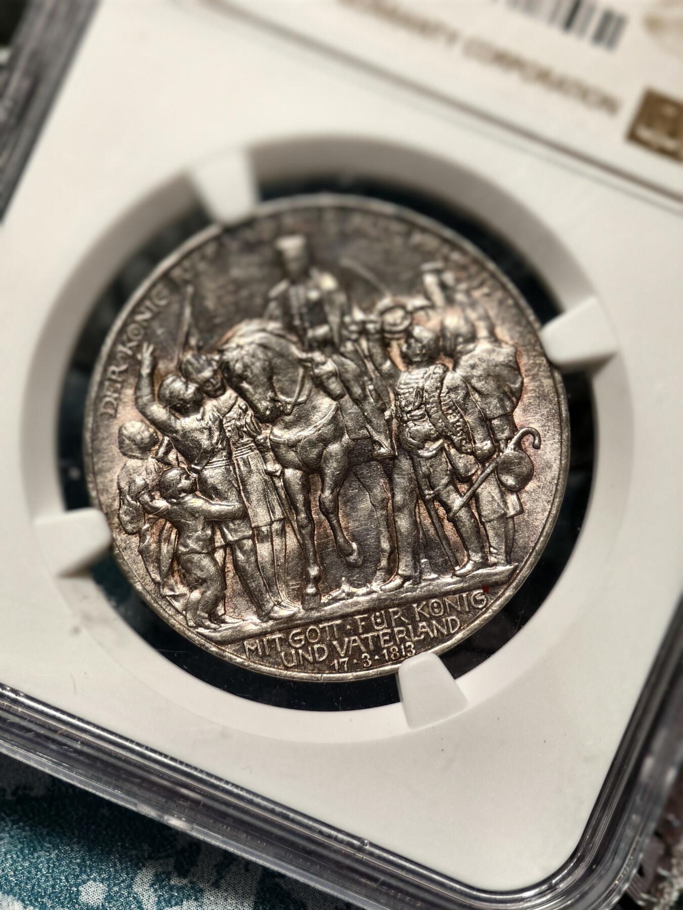 抚柳草堂-第二十期章牌钱币  奖章勋章免佣最后一期 满百包邮 放漏专场 1913德国拿破仑战争胜利百年3马克银币 重16.7g ngc aud好品好状态