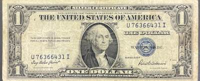 回流0328 - 1935年F版1美元银券（Silver Certificate），是美国金本位时代的标志性货币，正面明确标注“IN SILVER PAYABLE TO THE BEARER ON DEMAND”（见票即付白银给持票人），代表了美元与白银挂钩的历史阶段。