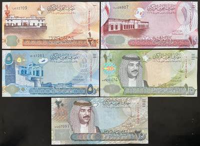 小福收藏拍卖第203期 裸钞场 本期有多张豹子号靓号 仅发行1000枚亚克力砖封蒙古20000图格里克帝国800周年纪念钞 瑞士200法郎 百慕大样钞洋葱冠全套 巴林首版大全套 卡塔尔四张套 越南 保加利亚 马其顿等多国精美纸币 - 巴林 2006年 1/2 1 5 10 20第纳尔 首版 有盲文版 大全套 unc