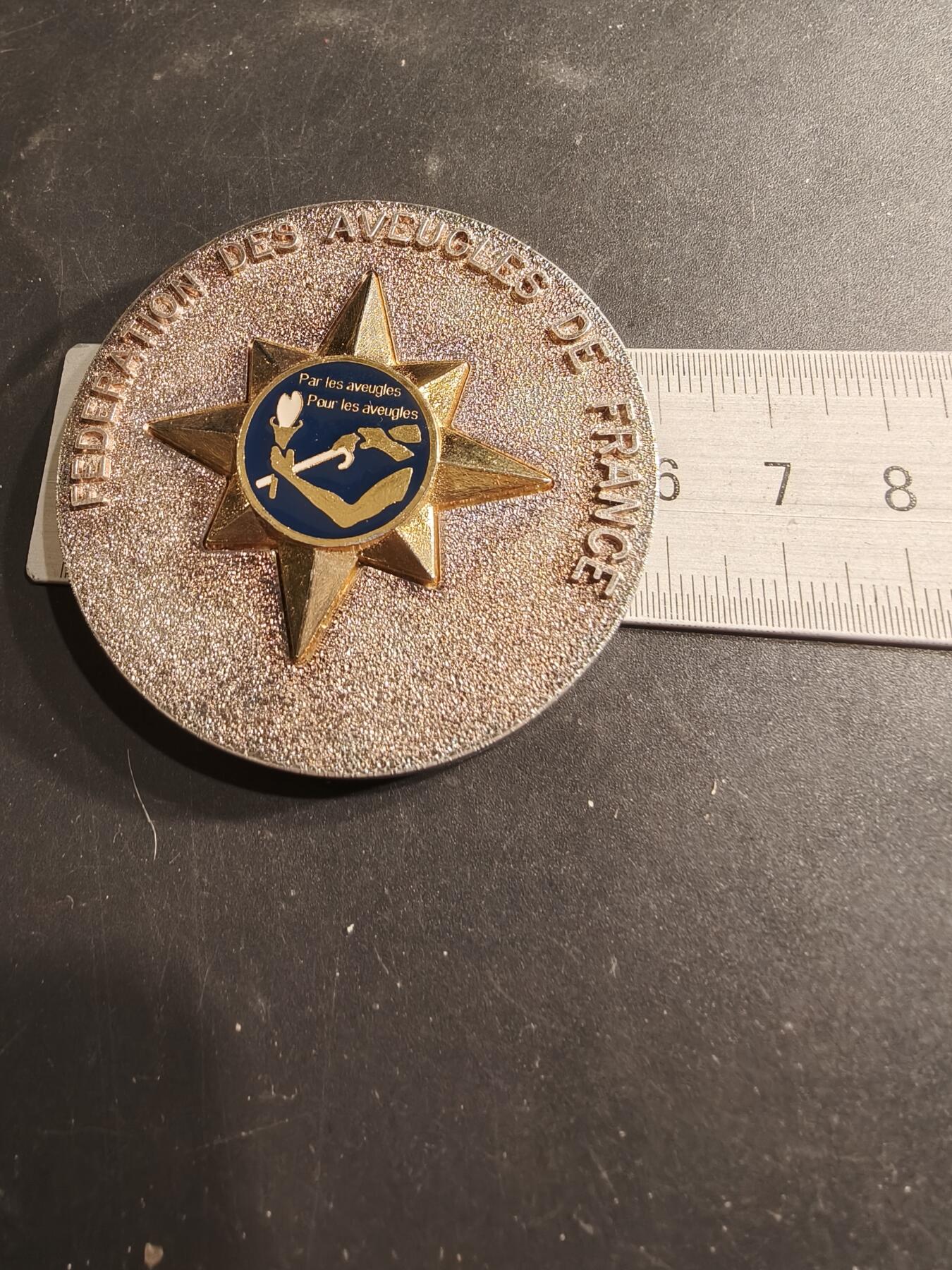老王徽章第190期 法国盲人与视力障碍者联合会纪念章     原盒，盒子有变形      直径60mm      重量88g
