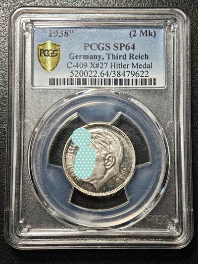 【德藏】世界币章拍卖第169期（拍品征集中~欢迎藏友联系） - "1938"年(后铸) 德国德国民族社会主义工人党党首像臆造镀银2马克币型章 PCGS SP64 非`常规币目录编号：X#27（原图请查询PCGS评级官网）