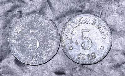 北京马甸外国币专卖第149期，外国币专场，陆续上拍，欢迎关注 - 德国帝国一战紧急状态时期：1918年巴伐利亚州的美因-施佩萨特地区5芬尼2枚