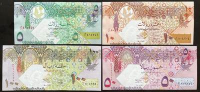 小福收藏拍卖第203期 裸钞场 本期有多张豹子号靓号 仅发行1000枚亚克力砖封蒙古20000图格里克帝国800周年纪念钞 瑞士200法郎 百慕大样钞洋葱冠全套 巴林首版大全套 卡塔尔四张套 越南 保加利亚 马其顿等多国精美纸币 - 卡塔尔 2003年 5 10 50 100里亚尔 首版 1组4张 unc