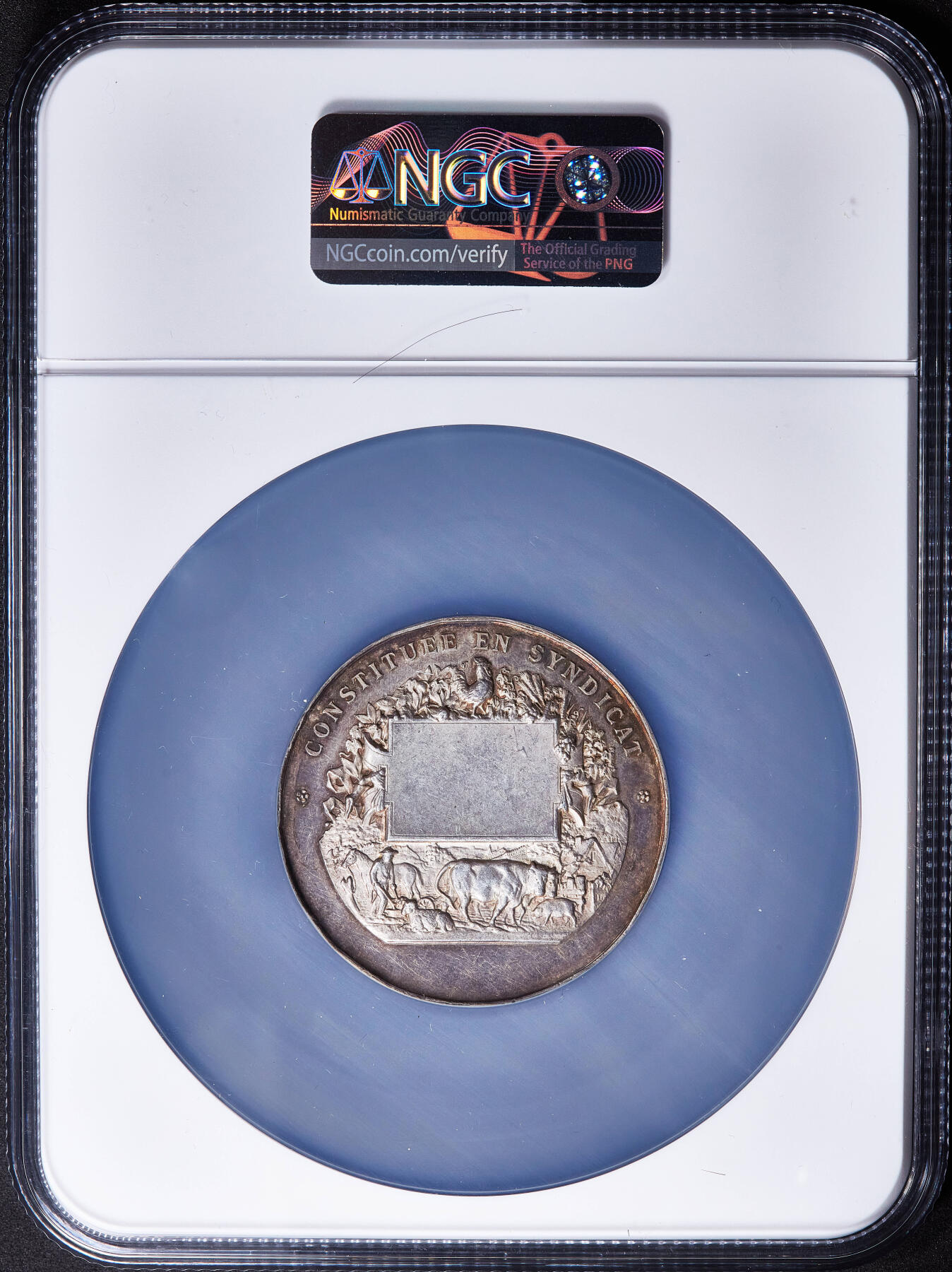 【俄甄集藏】2026年(050)04-01星期三 晚 19:30 全场包邮 法国19世纪玛丽安娜月桂叶冠少见头像版纪念洛什农业、葡萄种植与园艺协会表彰大银章，NGC UNCD，直径：52mm，原味五彩老包浆，高浮雕，少见品种