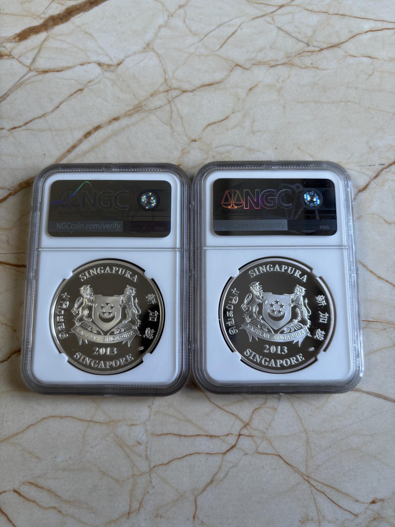 第194期拍卖 新加坡2013年花卉系列彩色1盎司纪念银币2枚套NGC-PF70,999银，1盎司*2