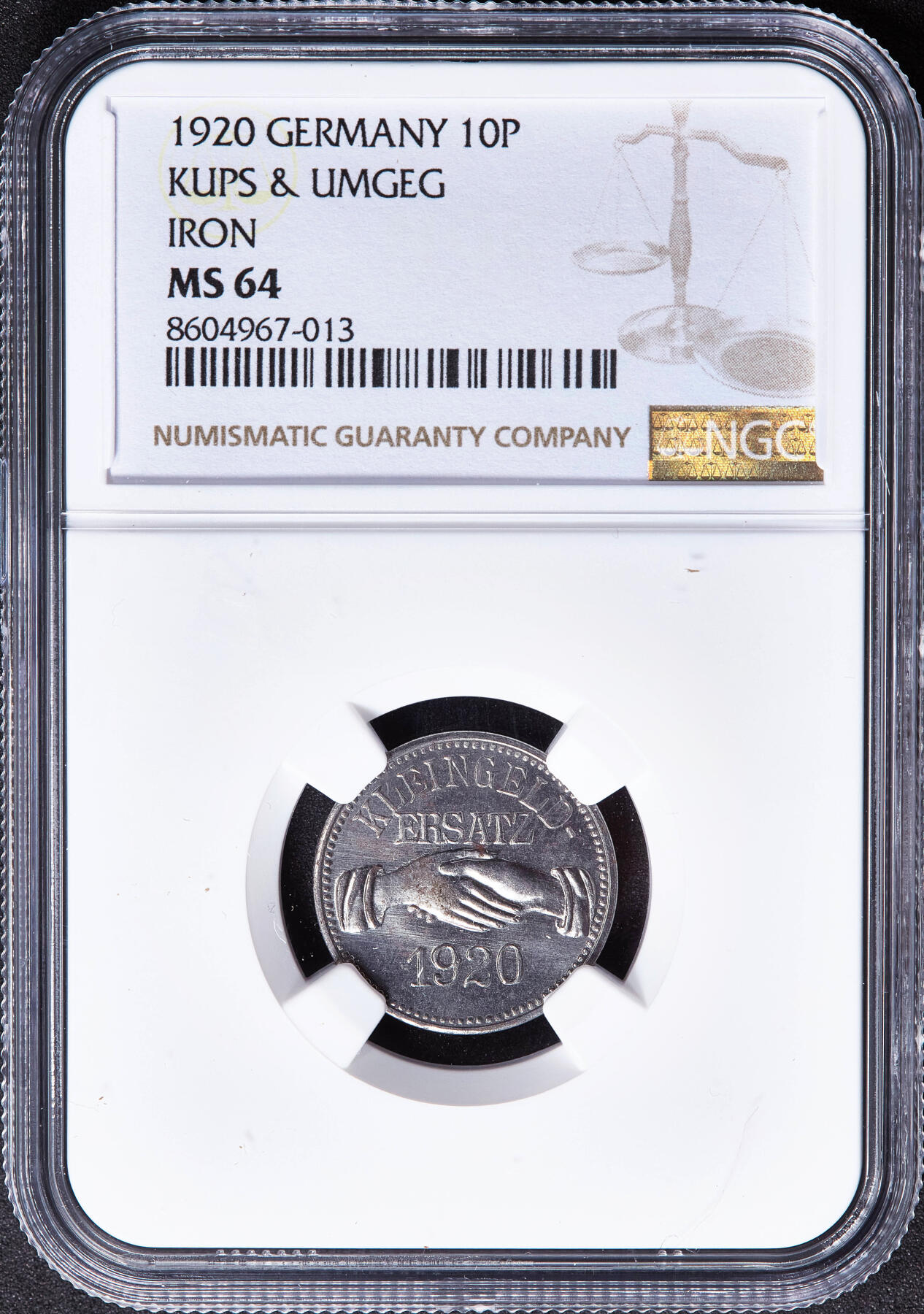 【俄甄集藏】2026年(050)04-01星期三 晚 19:30 全场包邮 德国1920年紧急时期屈普斯及周边地区10芬尼握手代用铁币，NGC MS64，转光品相，保存难得，稀有品种