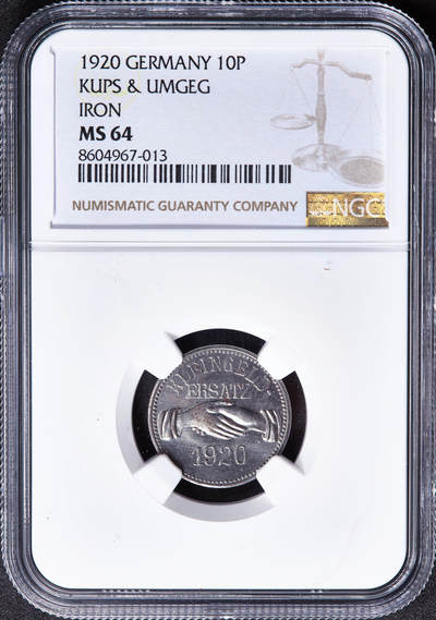 【俄甄集藏】2026年(050)04-01星期三 晚 19:30 全场包邮 - 德国1920年紧急时期屈普斯及周边地区10芬尼握手代用铁币，NGC MS64，转光品相，保存难得，稀有品种