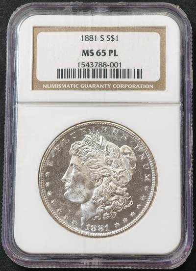 “方寸甄品”甄品场，甄臻铺-世界币章拍卖（第57期，直播拍卖），送拍享返佣金等优惠多多 - NGC-MS65PL 美国1881年S版 摩根$1银币 镜面效果很好 币面凝霜 老盒品质保障