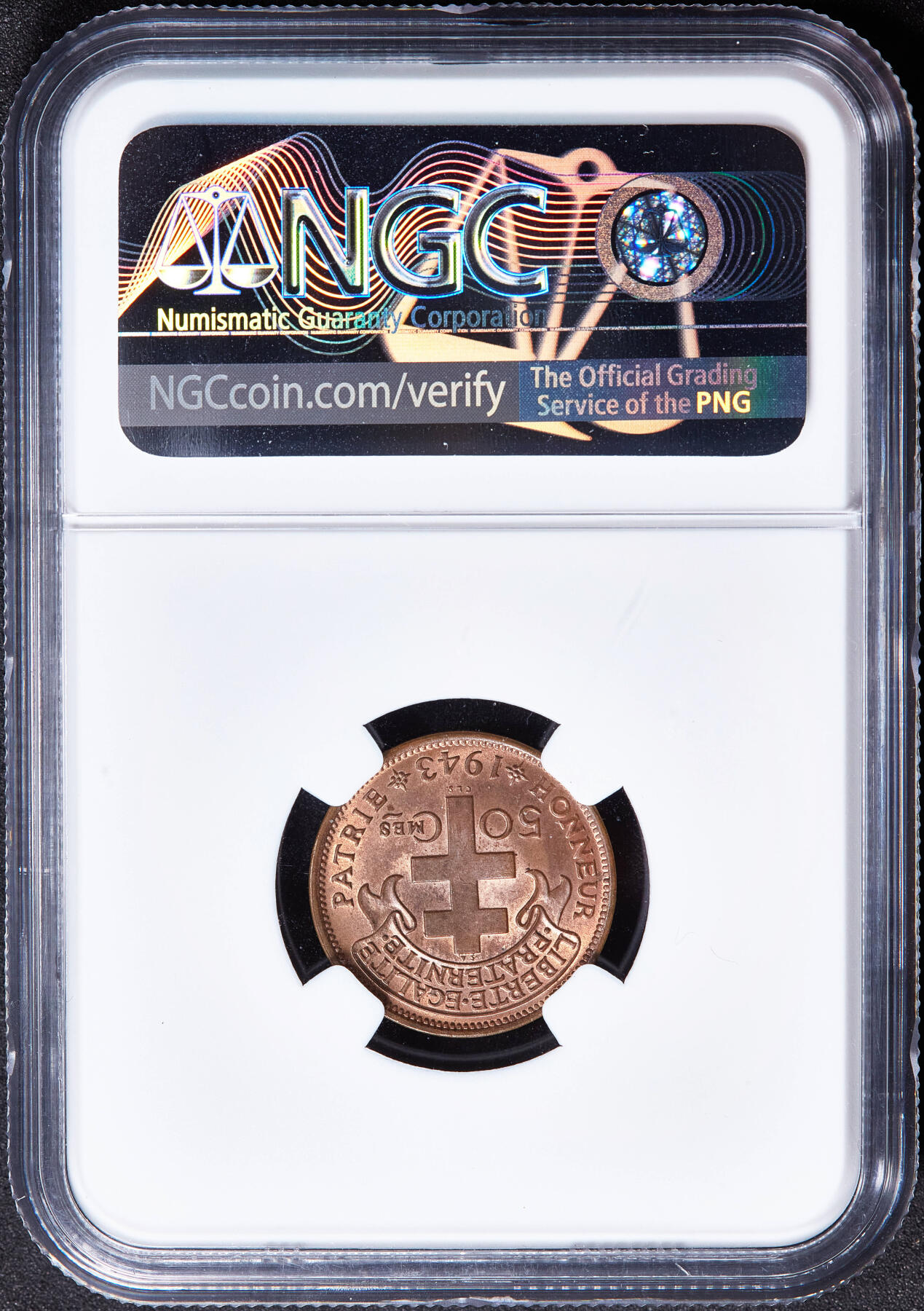 【俄甄集藏】2026年(050)04-01星期三 晚 19:30 全场包邮 法属赤道非洲1943年SA版高卢雄鸡50分铜币，NGC MS65RB，原铜光难得，转光品相，经典品种