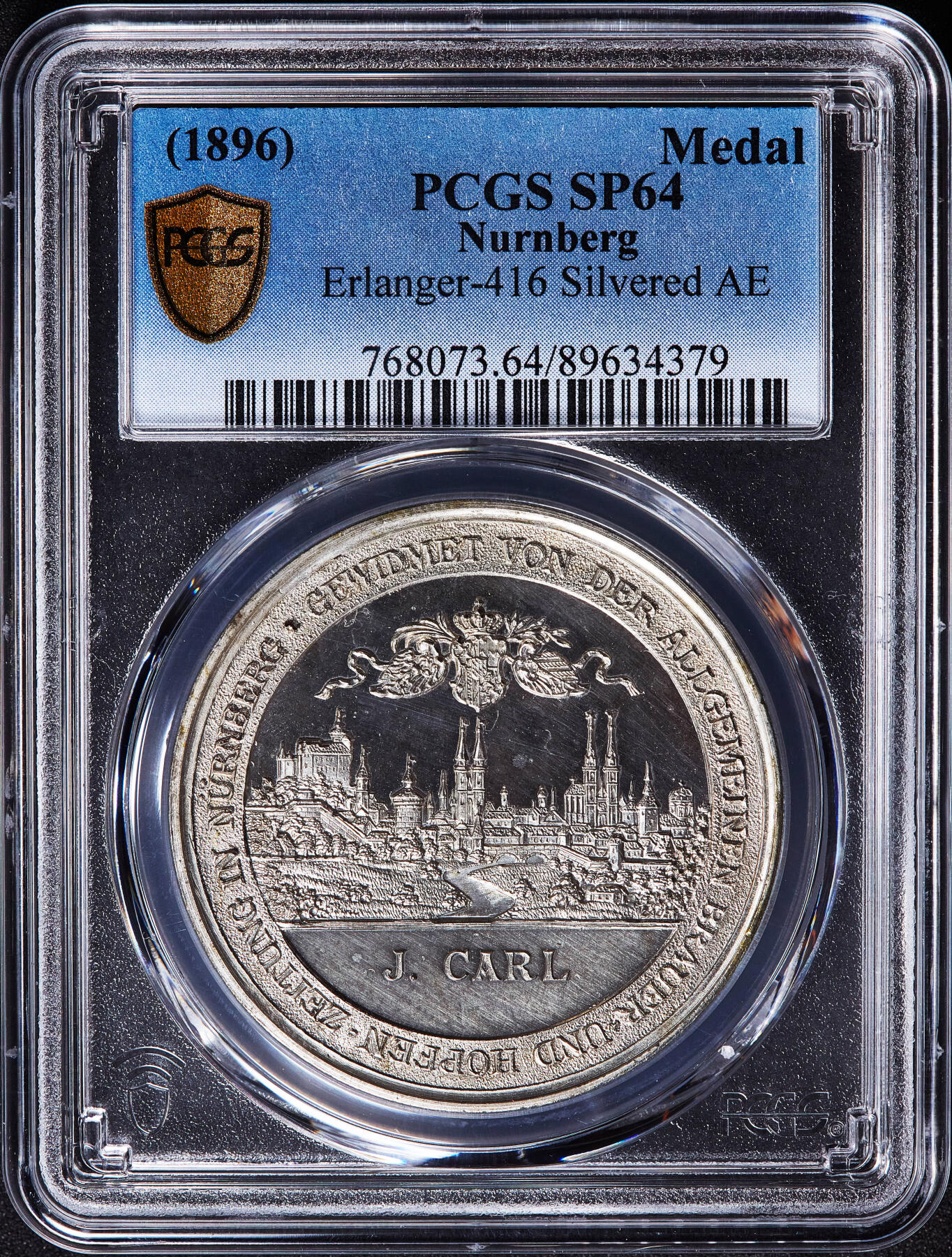 【俄甄集藏】2026年(050)04-01星期三 晚 19:30 全场包邮 德国1896年纽伦堡酿酒协会成立25周年城市景观镀银纪念铜章，PCGS SP64，镜面底板，亚军，设计精美