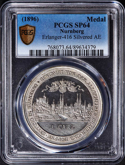 【俄甄集藏】2026年(050)04-01星期三 晚 19:30 全场包邮 - 德国1896年纽伦堡酿酒协会成立25周年城市景观镀银纪念铜章，PCGS SP64，镜面底板，亚军，设计精美
