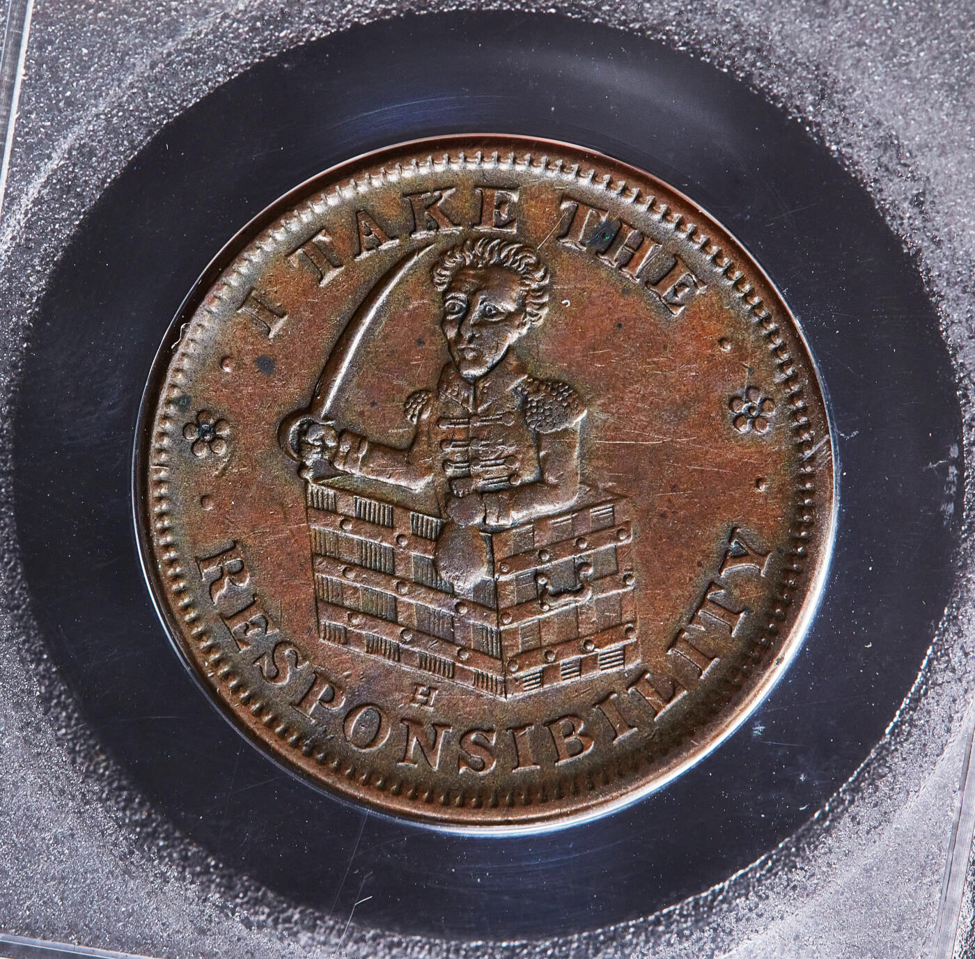 【俄甄集藏】2026年(050)04-01星期三 晚 19:30 全场包邮 美国1837年困难时期安德鲁·杰克逊VETO驴讽刺代用铜币，ACG EF40，经典品种，正面呼应杰克逊“我承担责任”的宣言，背面用驴代指替民主党滥用否决权“VETO”，讽刺杰克逊独裁倾向以及对宪法的曲解