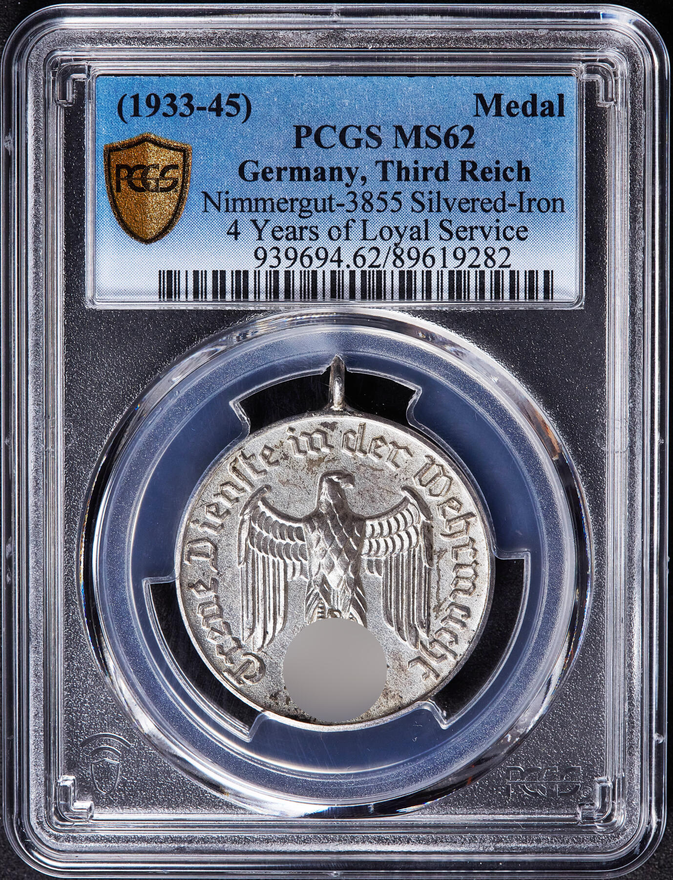 【俄甄集藏】2026年(050)04-01星期三 晚 19:30 全场包邮 德国第三帝国1933-1945年忠诚服役4周年镀银铜质奖章，PCGS MS62，少见品种，挂环入盒难得，原图联系客服或至官网查询