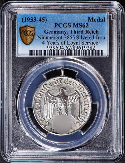 【俄甄集藏】2026年(050)04-01星期三 晚 19:30 全场包邮 - 德国第三帝国1933-1945年忠诚服役4周年镀银铜质奖章，PCGS MS62，少见品种，挂环入盒难得，原图联系客服或至官网查询