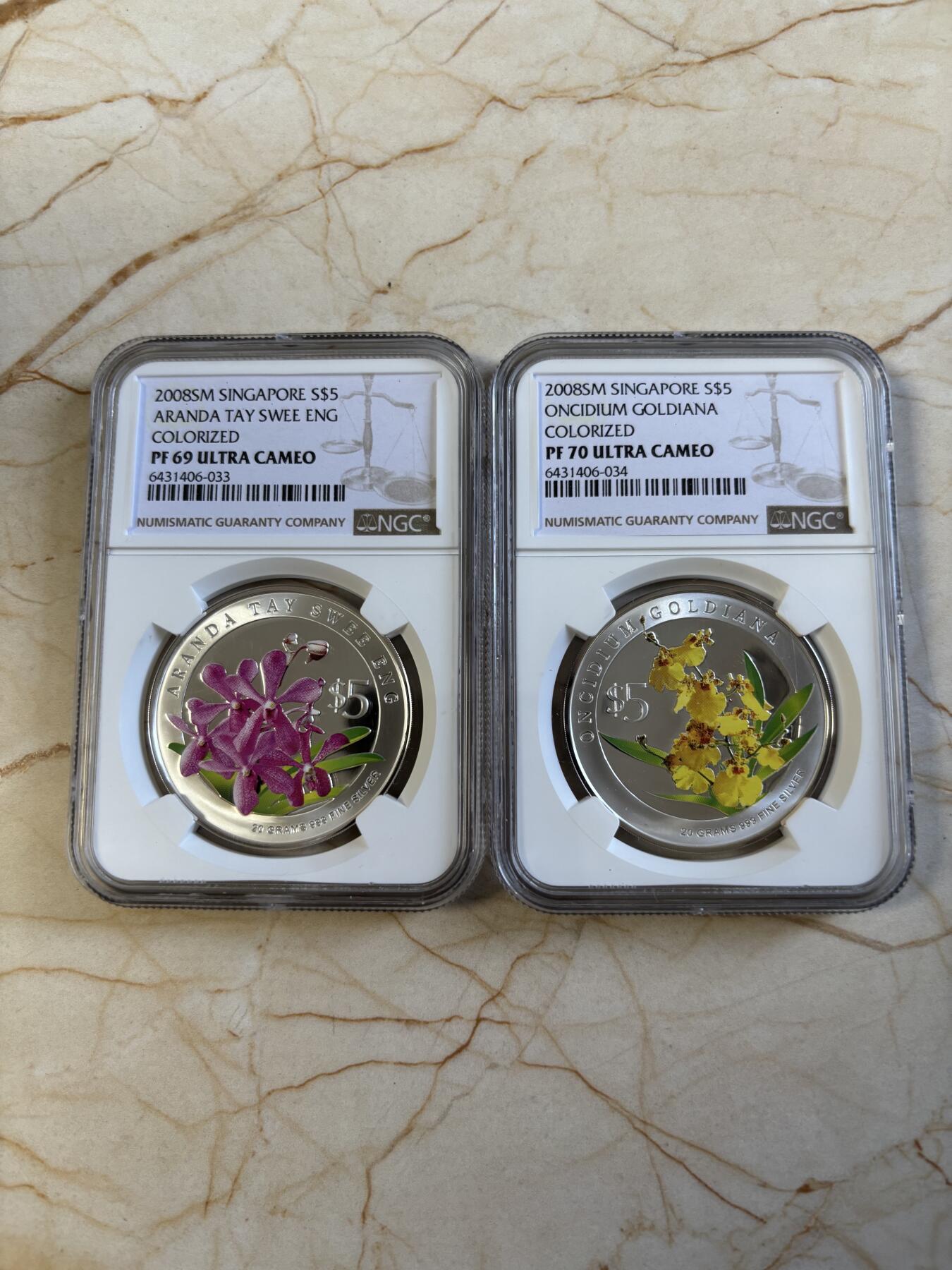 第194期拍卖 新加坡2008年花卉系列彩色20克纪念银币2枚套NGC-PF70-PF69,999银，20克*2