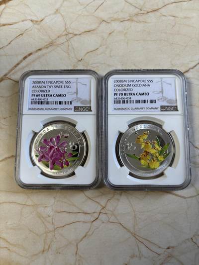 第194期拍卖 - 新加坡2008年花卉系列彩色20克纪念银币2枚套NGC-PF70-PF69,999银，20克*2
