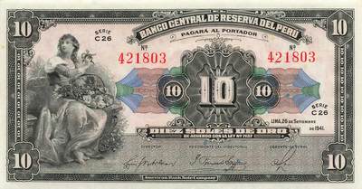 小福收藏拍卖第203期 裸钞场 本期有多张豹子号靓号 仅发行1000枚亚克力砖封蒙古20000图格里克帝国800周年纪念钞 瑞士200法郎 百慕大样钞洋葱冠全套 巴林首版大全套 卡塔尔四张套 越南 保加利亚 马其顿等多国精美纸币 - 秘鲁 1941年 10索尔 首年份 unc