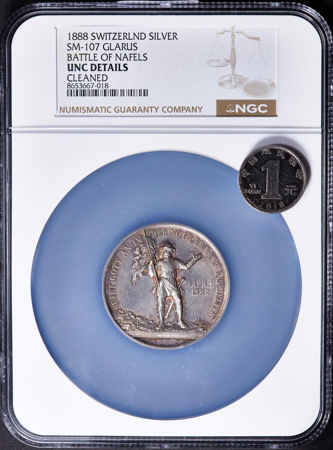 【俄甄集藏】2026年(050)04-01星期三 晚 19:30 全场包邮 瑞士1888年纪念反抗奥地利格拉鲁斯战役500周年大银章，NGC UNCD，直径：46mm，原味老包浆，雕刻家夏尔·比勒作品，名誉品种