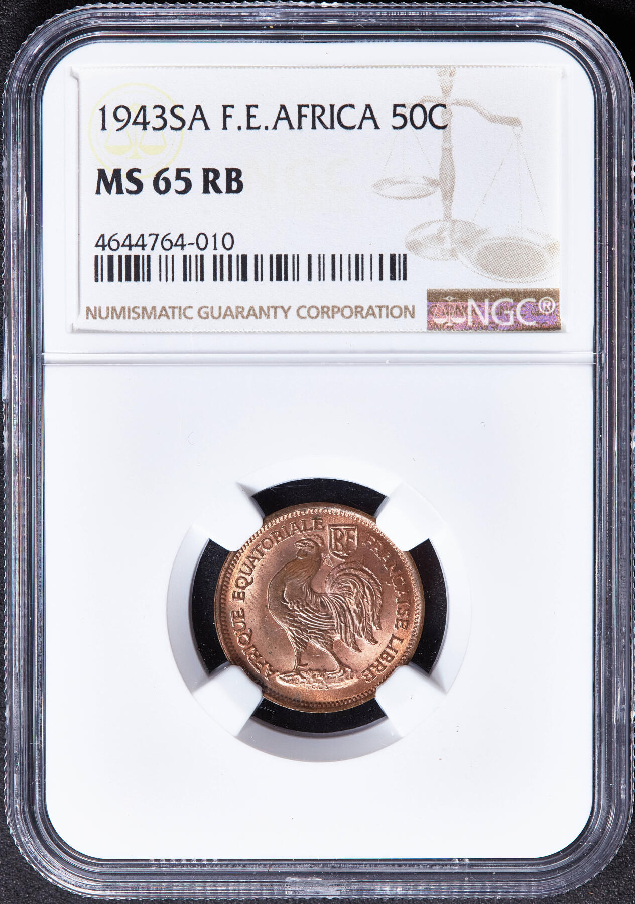 【俄甄集藏】2026年(050)04-01星期三 晚 19:30 全场包邮 法属赤道非洲1943年SA版高卢雄鸡50分铜币，NGC MS65RB，原铜光难得，转光品相，经典品种
