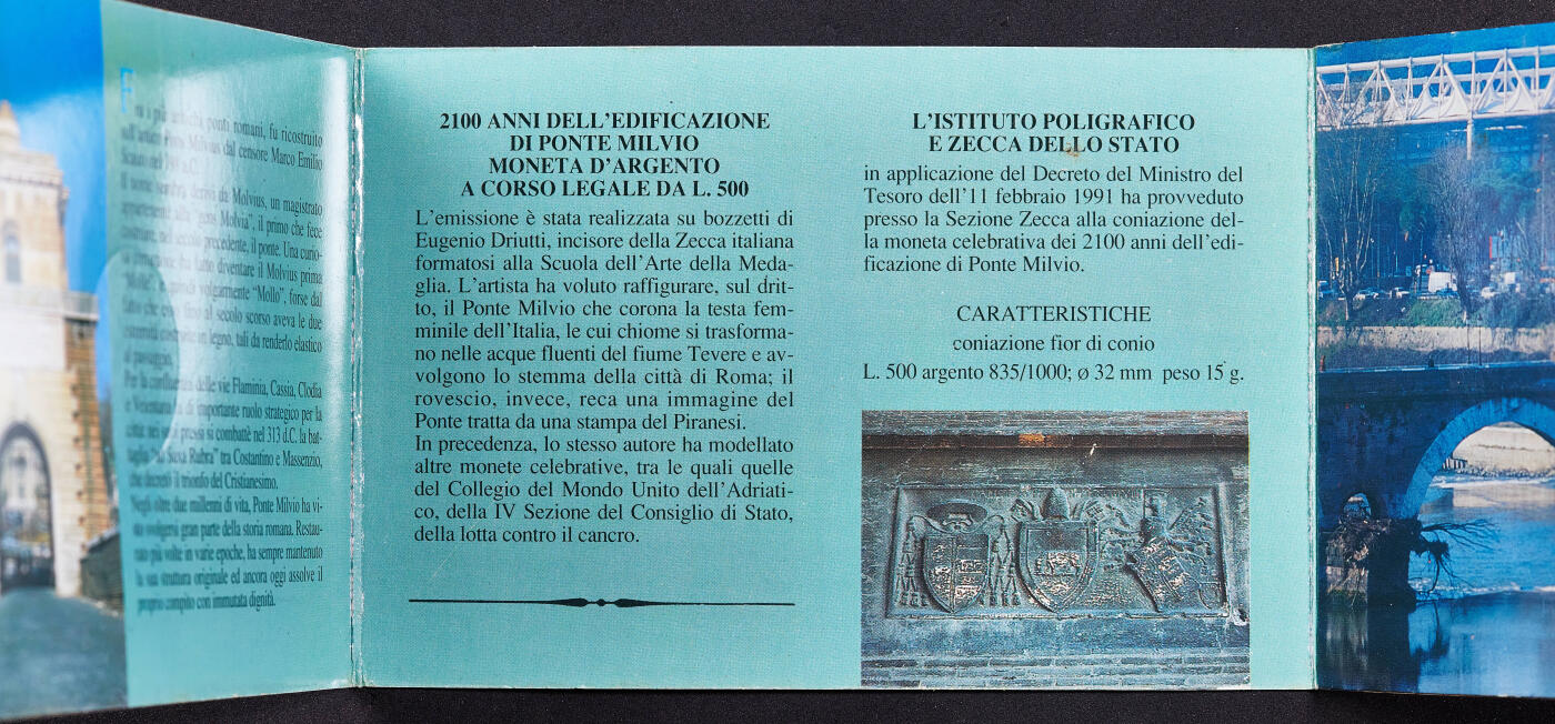 【俄甄集藏】2026年(050)04-01星期三 晚 19:30 全场包邮 意大利1991年纪念罗马米尔维安大桥建成2100年500里拉卡装银币，重15克，835银，发行量58500枚