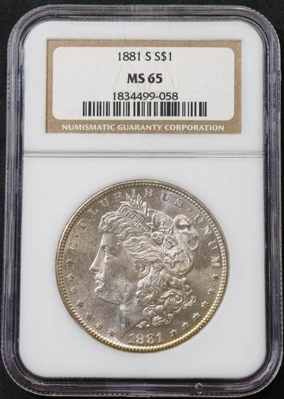 “方寸甄品”甄品场，甄臻铺-世界币章拍卖（第57期，直播拍卖），送拍享返佣金等优惠多多 - NGC-MS65 美国1881年S版 摩根$1银币 镜面底板 鹰面月牙彩 老盒好品