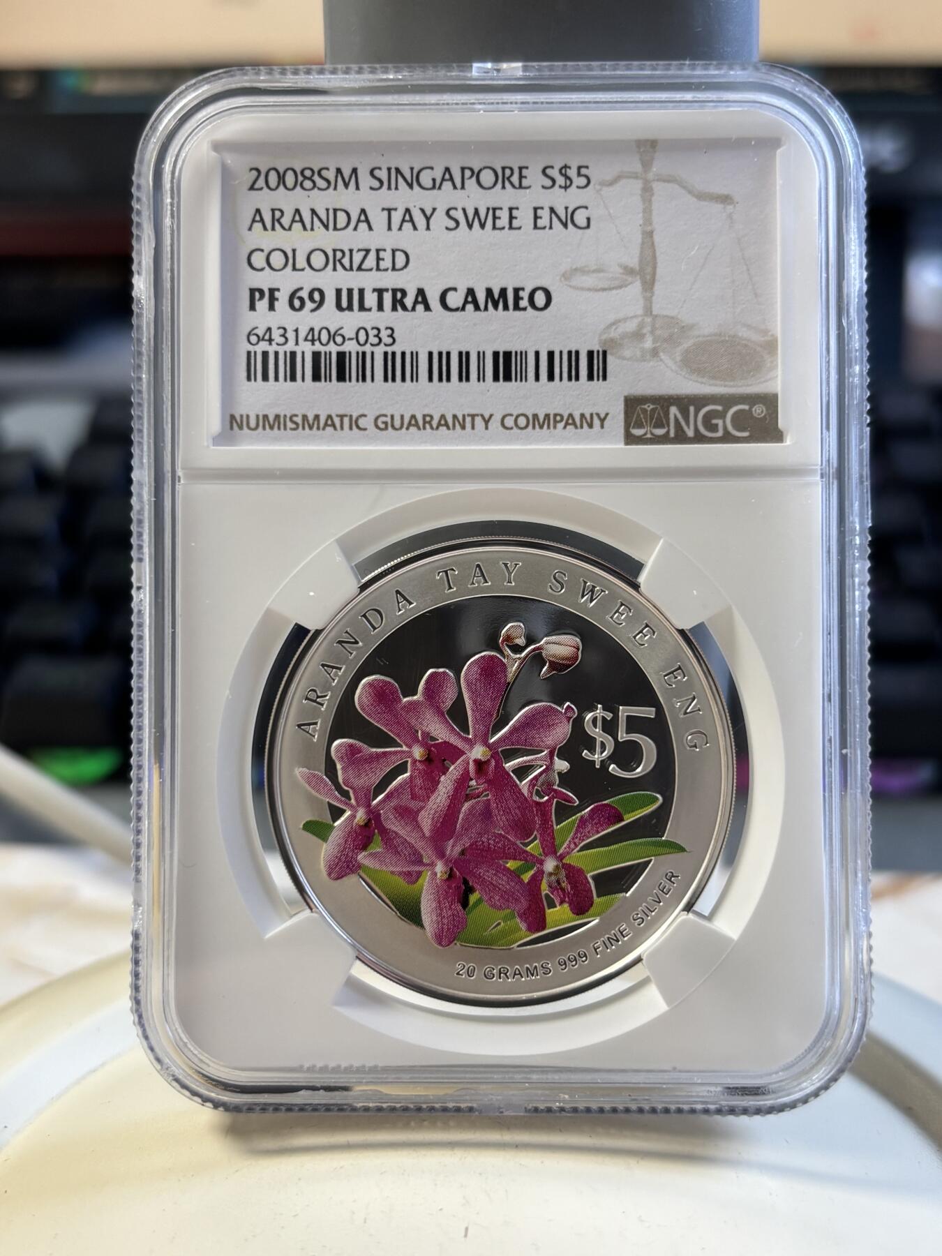 第194期拍卖 新加坡2008年花卉系列彩色20克纪念银币2枚套NGC-PF70-PF69,999银，20克*2