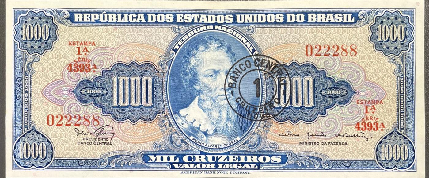 回流0328 95成新巴西40年代1000加盖改值1克鲁塞罗