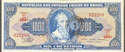 回流0328 - 95成新巴西40年代1000加盖改值1克鲁塞罗