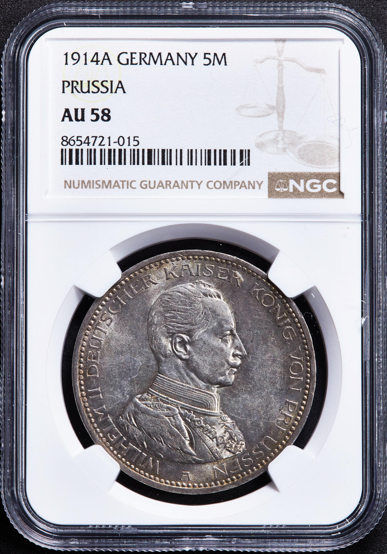 【俄甄集藏】2026年(050)04-01星期三 晚 19:30 全场包邮 德国普鲁士1914年威廉二世A版军装5马克大银币，NGC AU58，黄油环彩，原光品相，底板凝霜，疑似低评