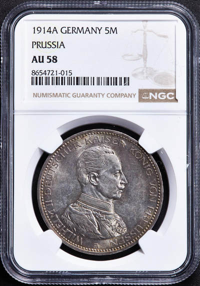 【俄甄集藏】2026年(050)04-01星期三 晚 19:30 全场包邮 - 德国普鲁士1914年威廉二世A版军装5马克大银币，NGC AU58，黄油环彩，原光品相，底板凝霜，疑似低评
