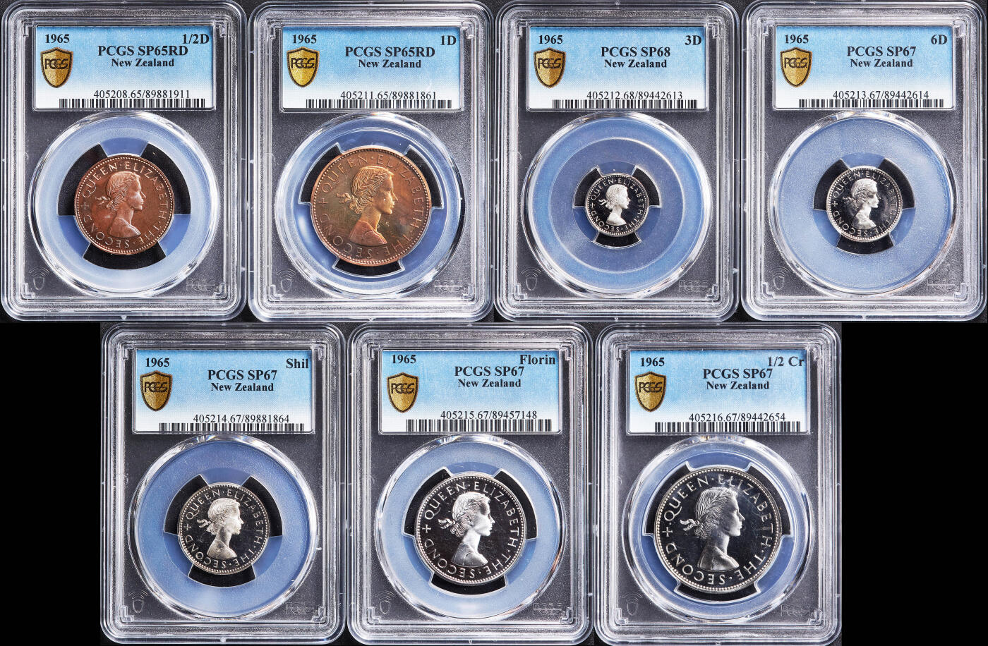 【俄甄集藏】2026年(050)04-01星期三 晚 19:30 全场包邮 新西兰1965年伊丽莎白二世1/2便士-1/2克朗类精制prooflike版硬币7枚一套，PSGS SP65-SP68，共发行25000套，稀少品种
