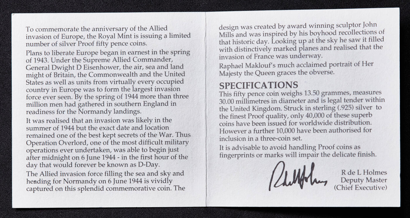 【俄甄集藏】2026年(050)04-01星期三 晚 19:30 全场包邮 英国1994年纪念诺曼底登陆D日胜利50周年50便士精制银币，原盒证，重13.5克，925银，发行量40000枚