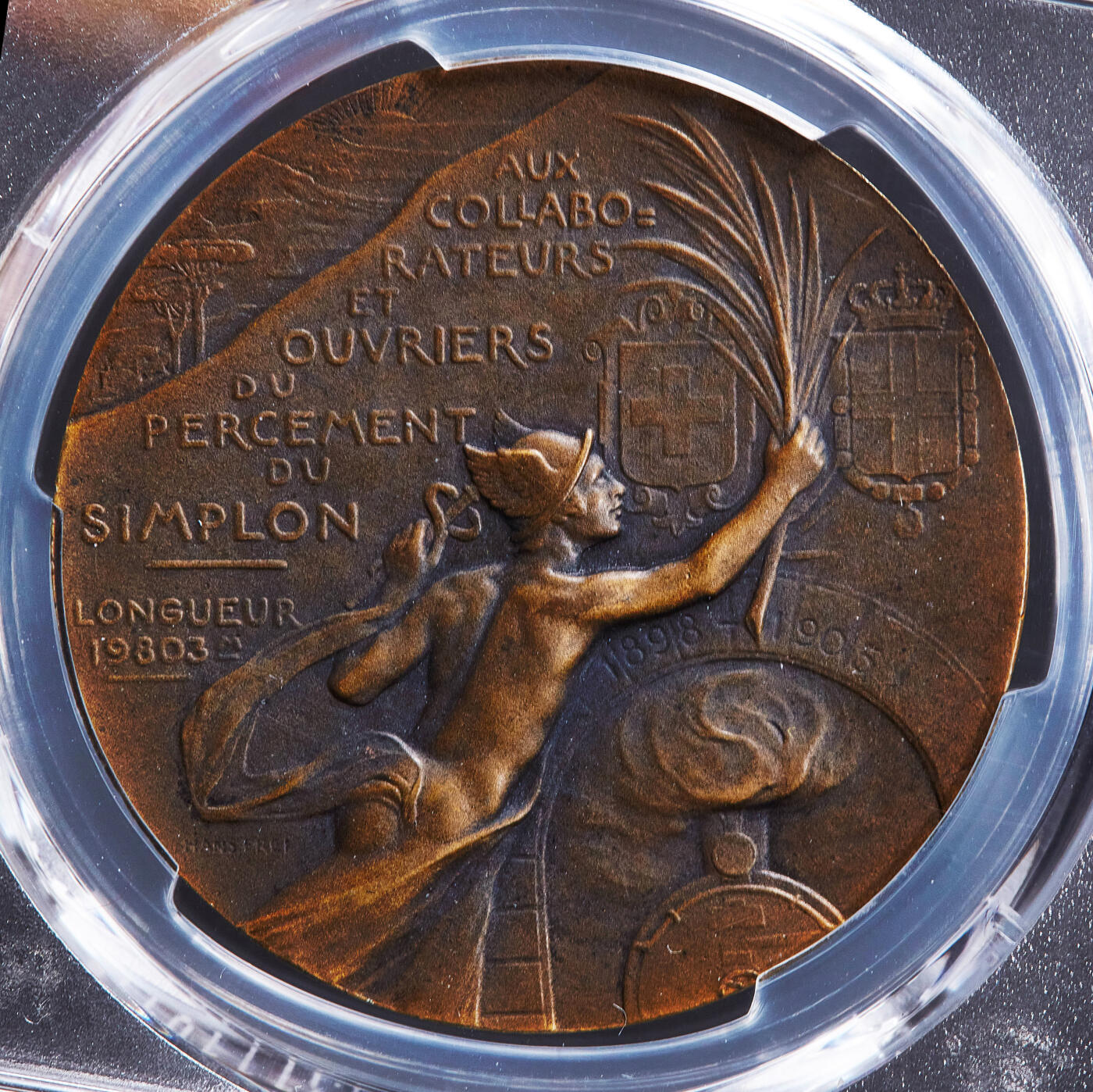 【俄甄集藏】2026年(050)04-01星期三 晚 19:30 全场包邮 瑞士1905年纪念伯尔尼—米兰铁路辛普朗隧道贯通铜章，PCGS SP64，稀有名誉品种，冠军分，巧克力包浆