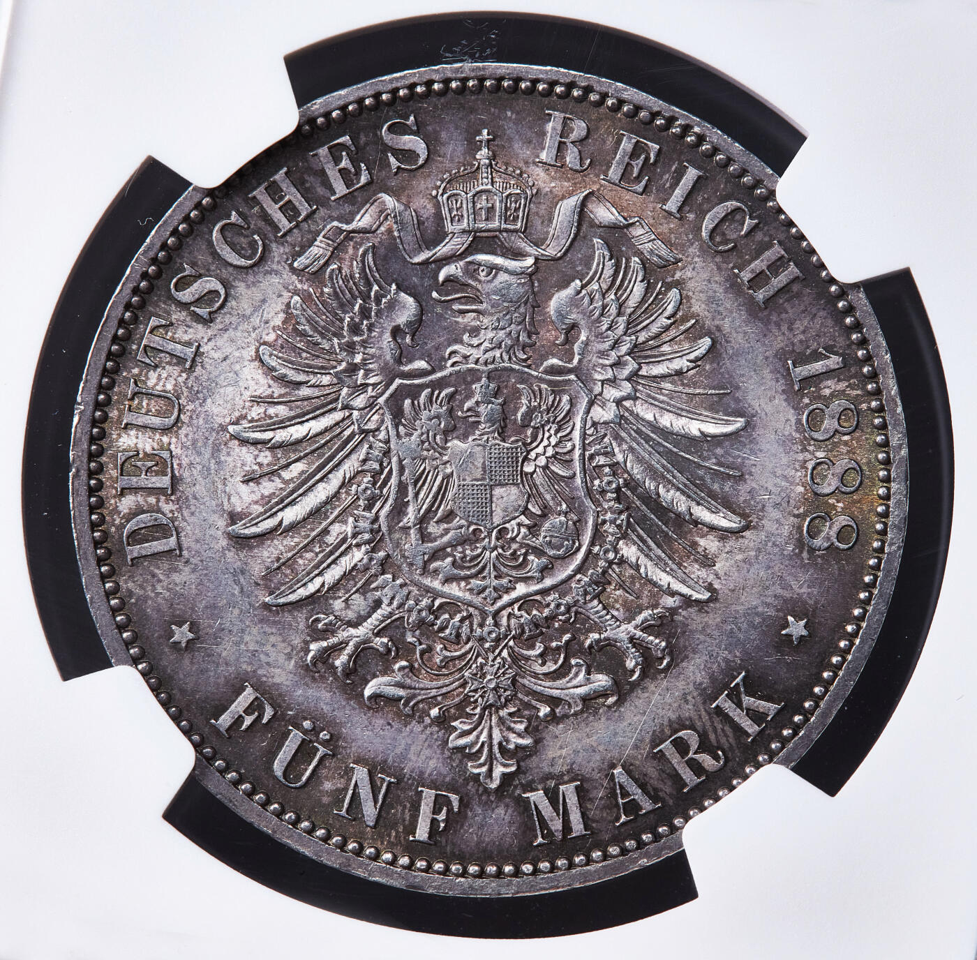 【俄甄集藏】2026年(050)04-01星期三 晚 19:30 全场包邮 德国1888年弗里德里希三世A版短翅5马克大银币，NGC MS61，环彩酱彩老包浆，味道难得，原光品相