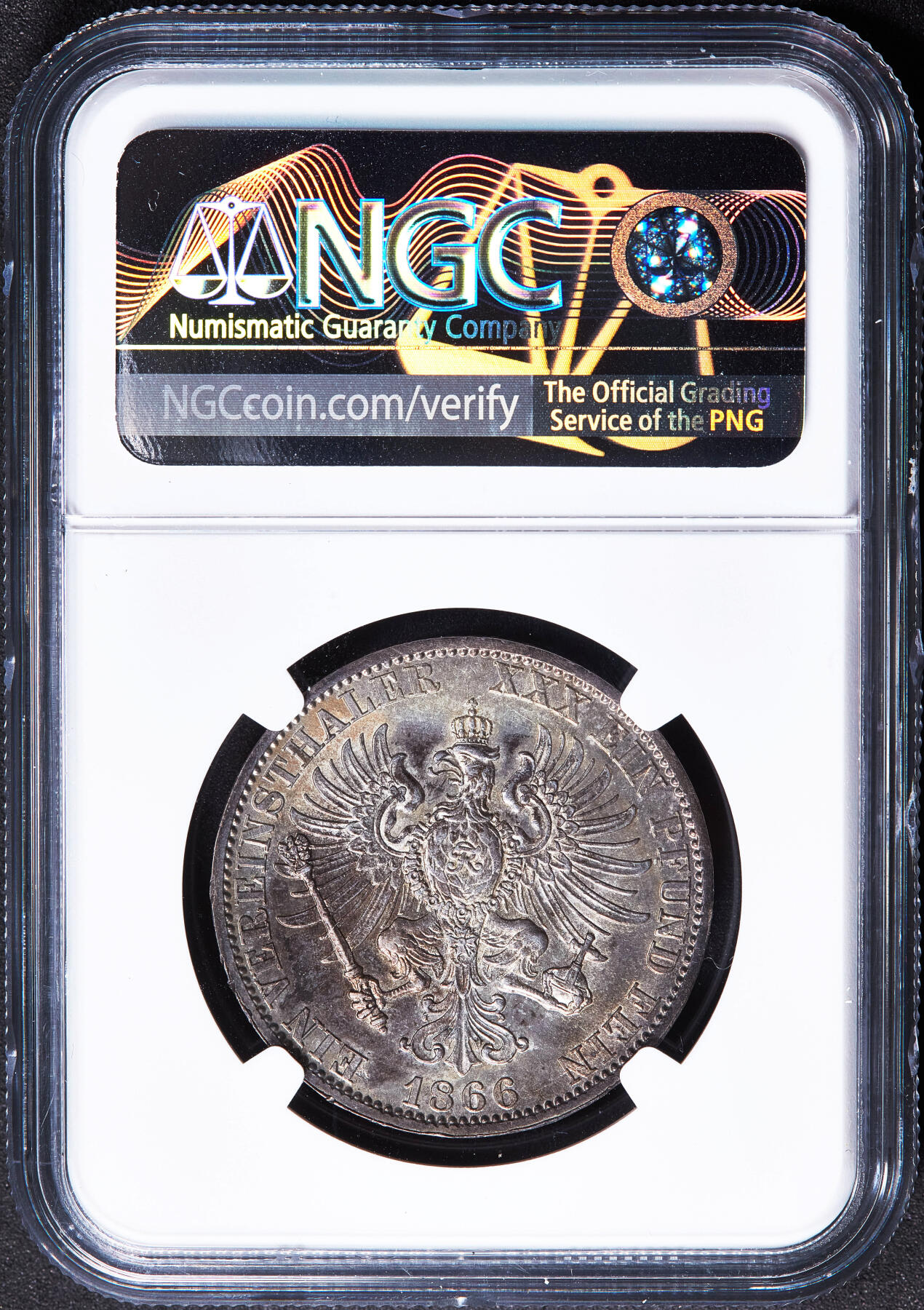 【俄甄集藏】2026年(050)04-01星期三 晚 19:30 全场包邮 德国普鲁士1866年威廉一世A版1泰勒银币，NGC MS62， 酱彩包浆，原光品相，经典品种