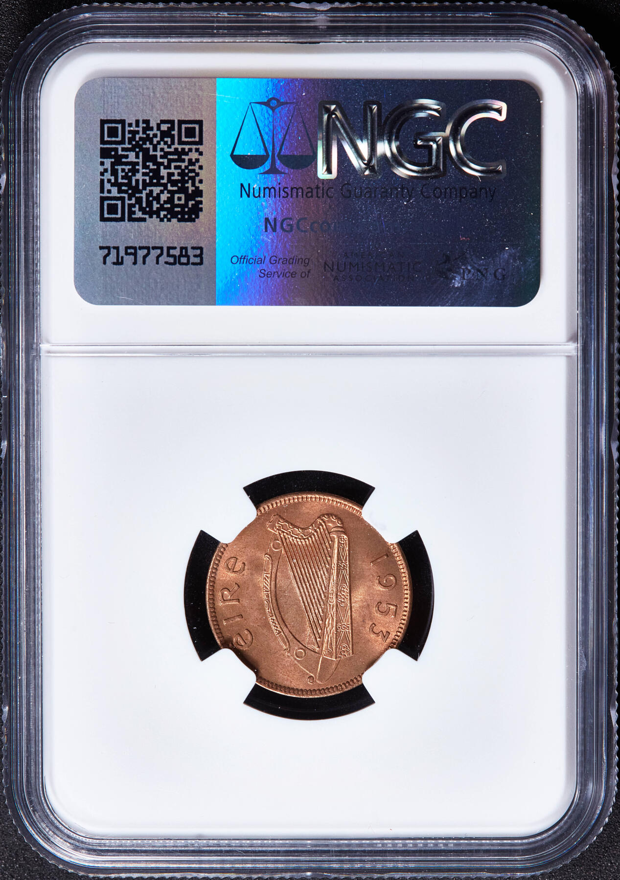 【俄甄集藏】2026年(050)04-01星期三 晚 19:30 全场包邮 爱尔兰1953年丘鹬1/4便士铜币，NGC MS65RB，原铜色，转光品相