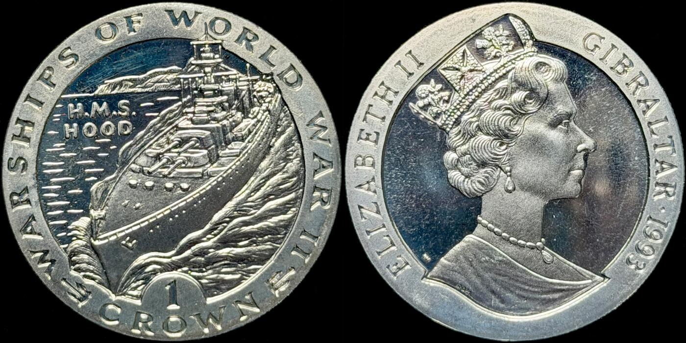 ＜星葵🌻钱币社＞第72期·东奔西走的硬币·3月31日发货 直布罗陀1993年二战战舰·胡德号战列舰1克朗纪念币