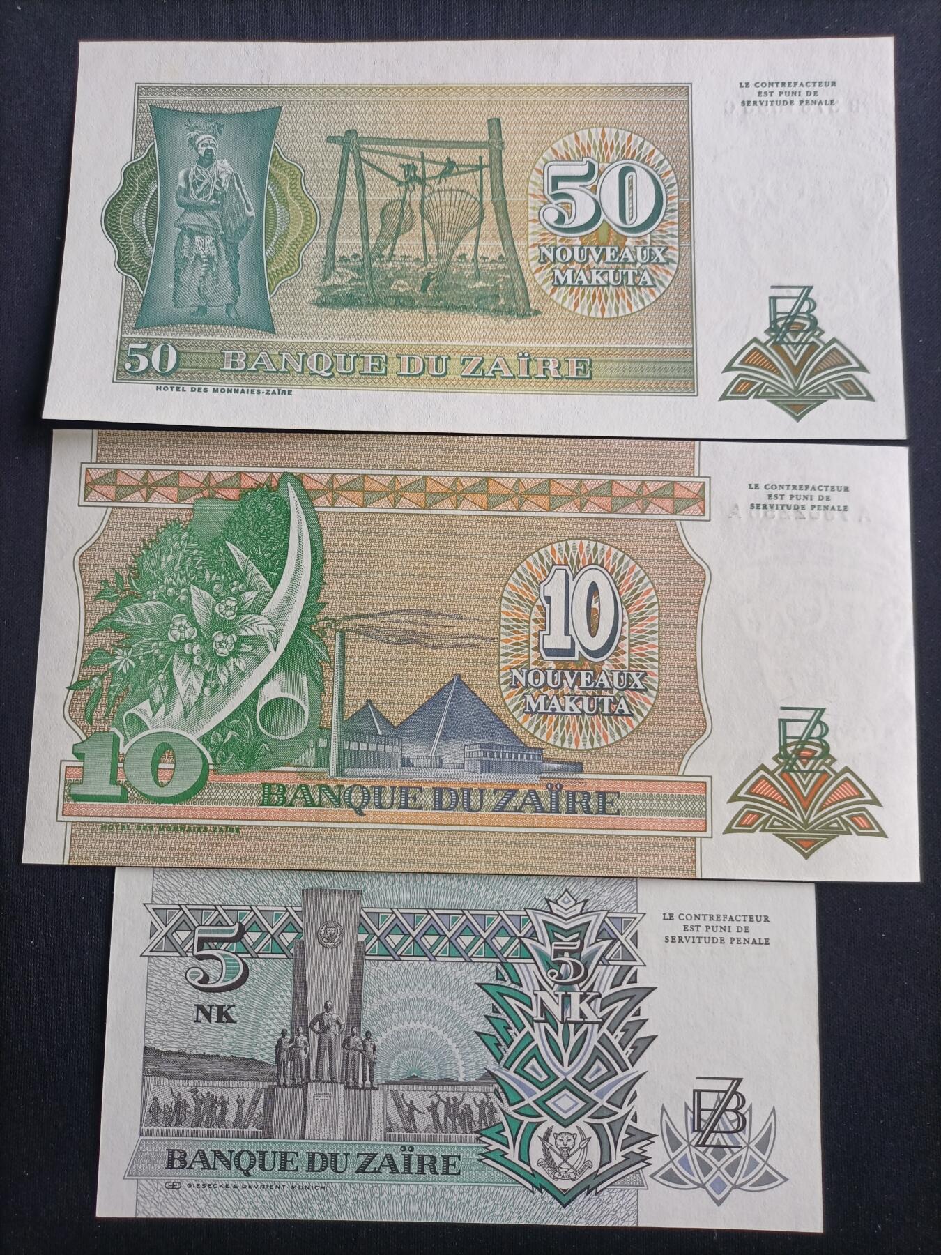 【游宝包邮场】马年第16期 好品组钞场 周六截拍 扎伊尔-50/10/5马库塔【1993年 全新UNC】