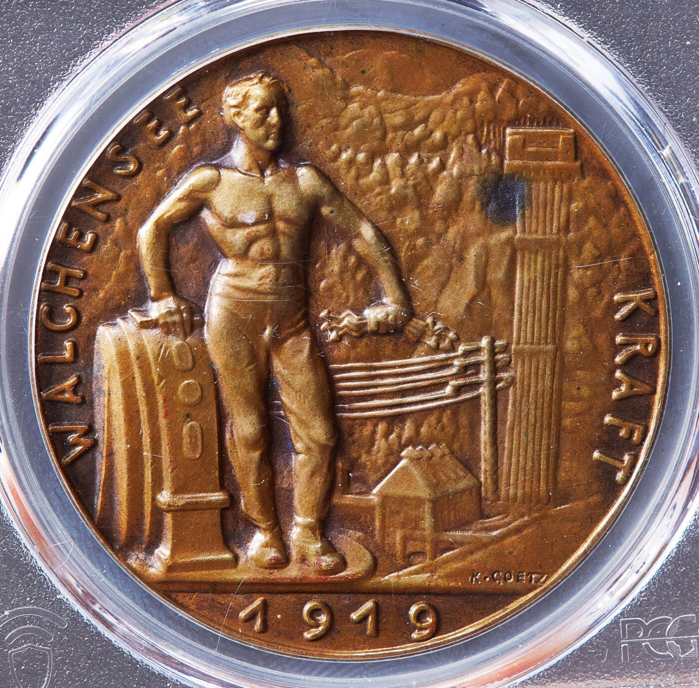 【俄甄集藏】2026年(050)04-01星期三 晚 19:30 全场包邮 德国魏玛1924年纪念巴伐利亚瓦尔兴湖水电站竣工大铜章，PCGS SP63，卡尔·哥茨作品，高浮雕，设计经典，唯一冠军分数，稀有品种