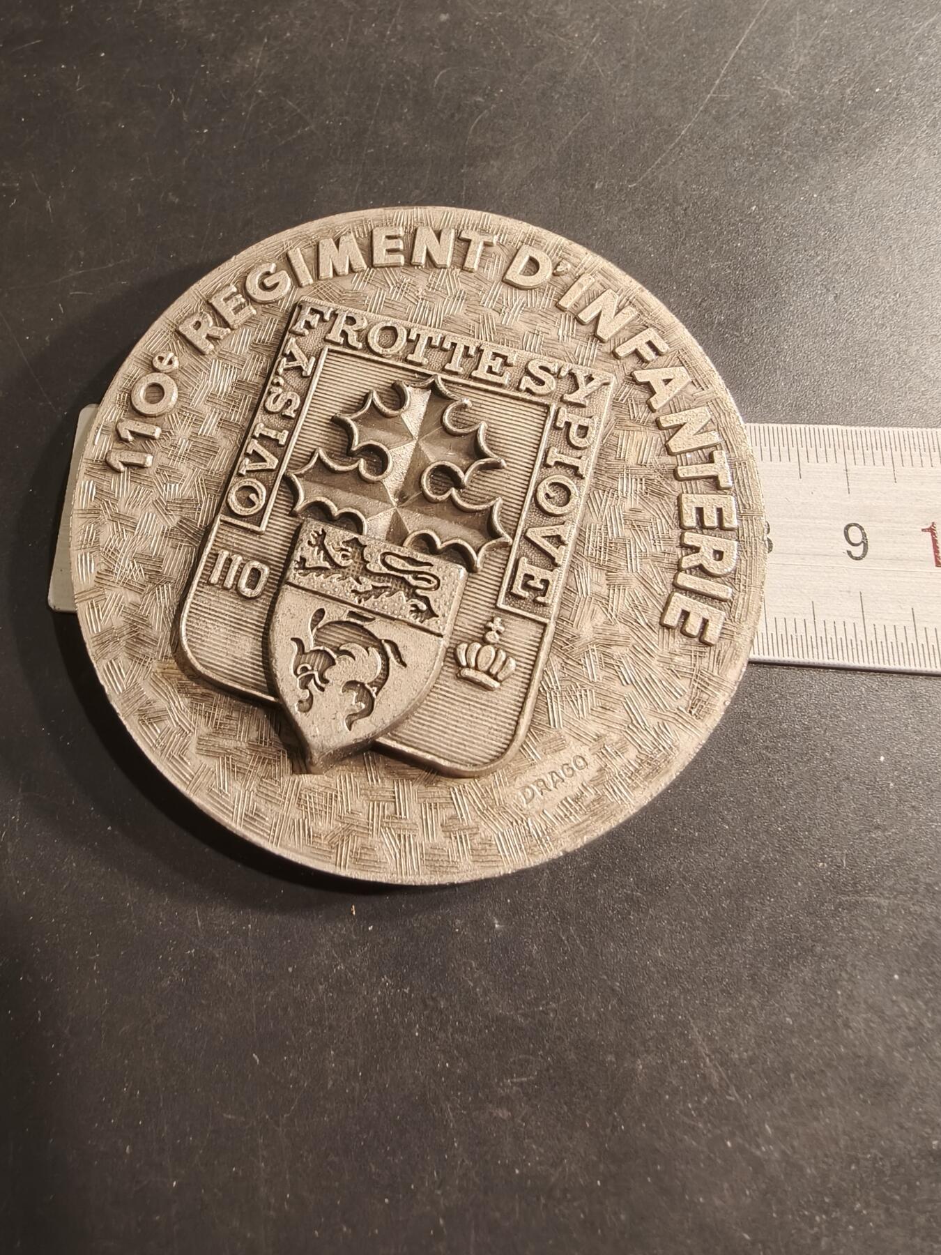 老王徽章第190期 法国陆军110步兵团纪念章    背面为110步兵团成立以来经历过的著名战役，如霍恩林登战役、凡尔登战役、索姆河战役、马恩河战役等       直径80mm     重量193.9g