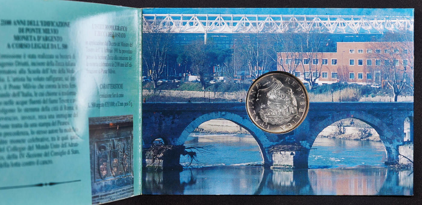 【俄甄集藏】2026年(050)04-01星期三 晚 19:30 全场包邮 意大利1991年纪念罗马米尔维安大桥建成2100年500里拉卡装银币，重15克，835银，发行量58500枚