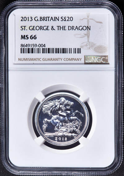 【俄甄集藏】2026年(050)04-01星期三 晚 19:30 全场包邮 - 英国2013年圣乔治屠龙20镑马剑银币，NGC MS66，重15.71克，999银，发行量248376枚