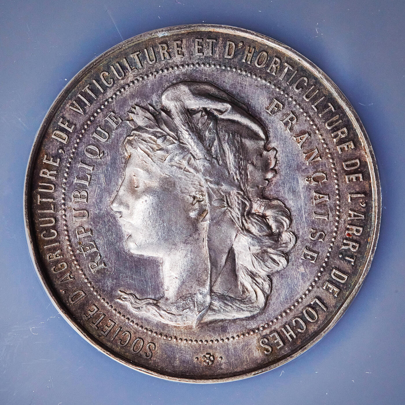 【俄甄集藏】2026年(050)04-01星期三 晚 19:30 全场包邮 法国19世纪玛丽安娜月桂叶冠少见头像版纪念洛什农业、葡萄种植与园艺协会表彰大银章，NGC UNCD，直径：52mm，原味五彩老包浆，高浮雕，少见品种