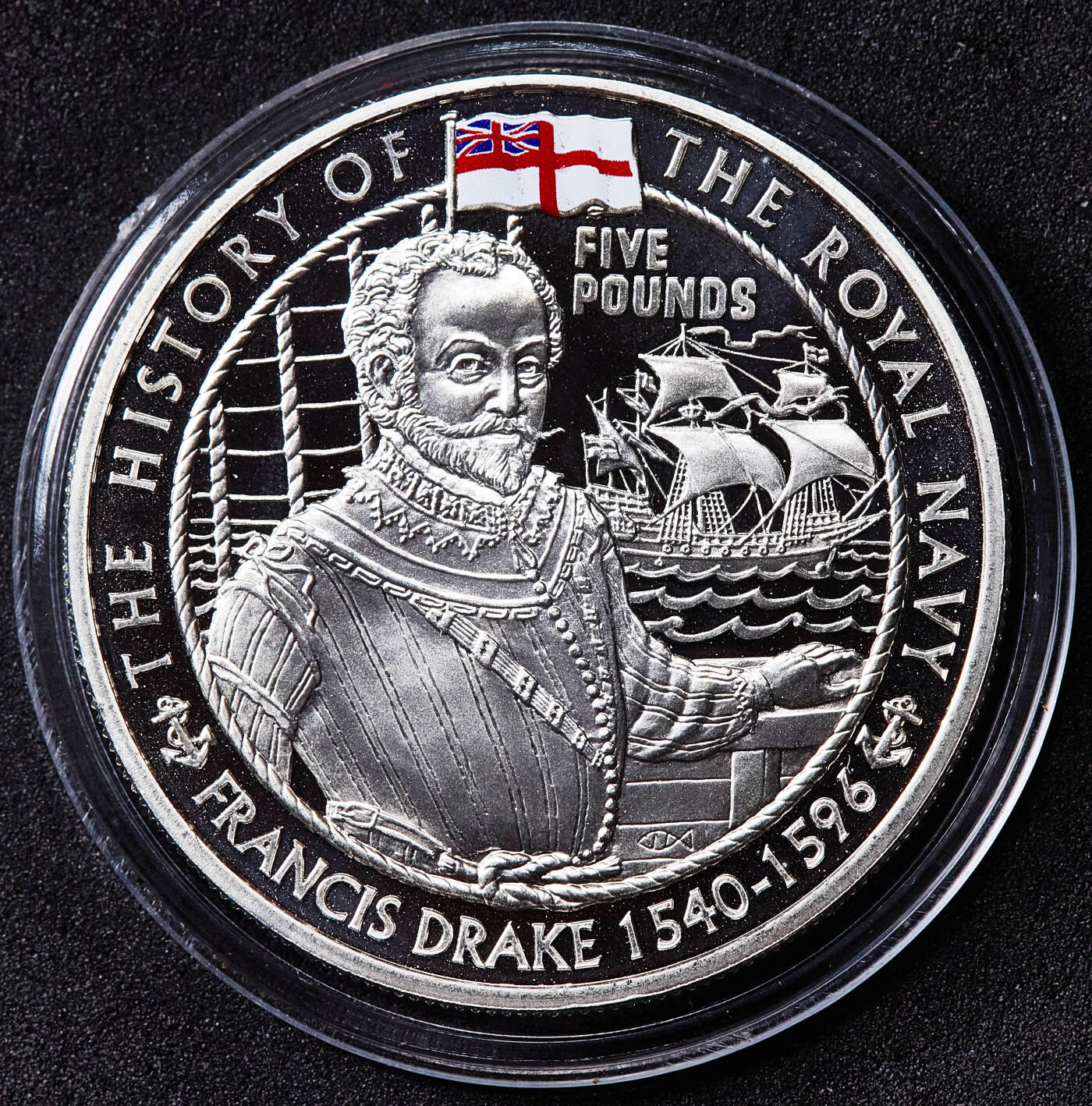 【俄甄集藏】2026年(050)04-01星期三 晚 19:30 全场包邮 英属泽西岛2003年纪念航海家弗朗西斯·德雷克5镑精制大银币，重28.28克，925银，少见品种