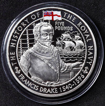 【俄甄集藏】2026年(050)04-01星期三 晚 19:30 全场包邮 - 英属泽西岛2003年纪念航海家弗朗西斯·德雷克5镑精制大银币，重28.28克，925银，少见品种