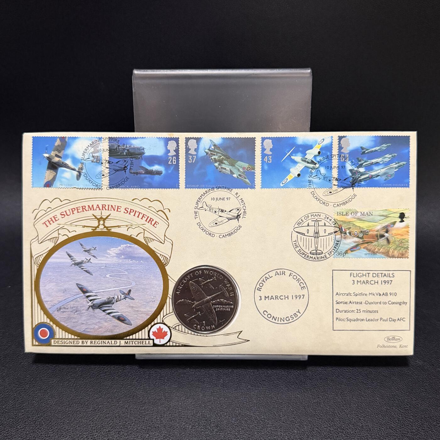 ＜星葵🌻钱币社＞第72期·东奔西走的硬币·3月31日发货 〈邮币封〉马恩岛1995年二战飞机·喷火式战斗机1克朗纪念币