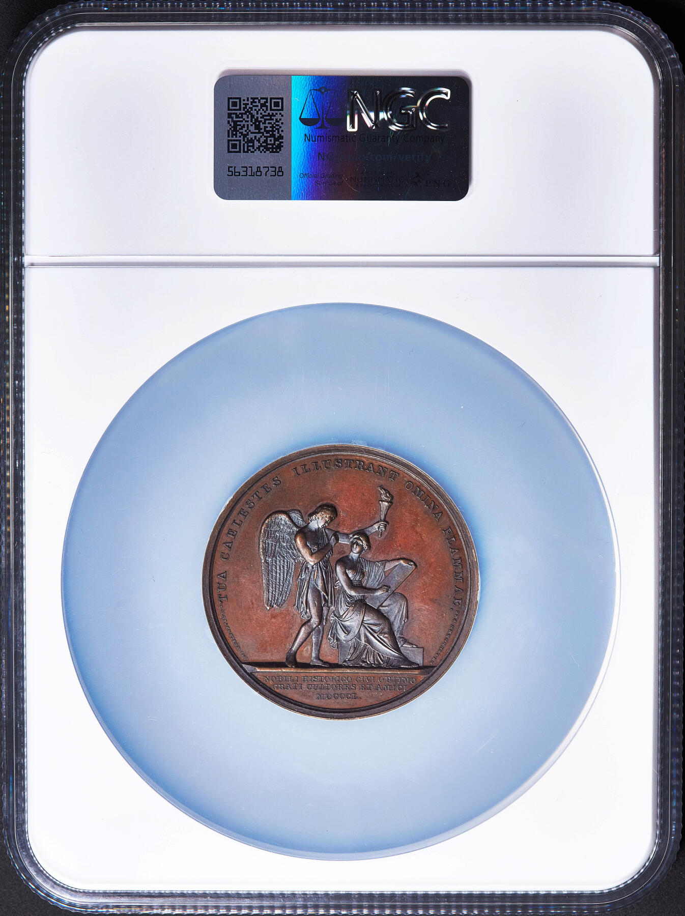 【俄甄集藏】2026年(050)04-01星期三 晚 19:30 全场包邮 瑞典1847年纪念浪漫主义历史学家、诗人与政治家埃里克·古斯塔夫·盖耶尔逝世大铜章，NGC MS62，高浮雕，巧克力包浆，瑞典新古典主义铜章里的少见品种，直径：50mm