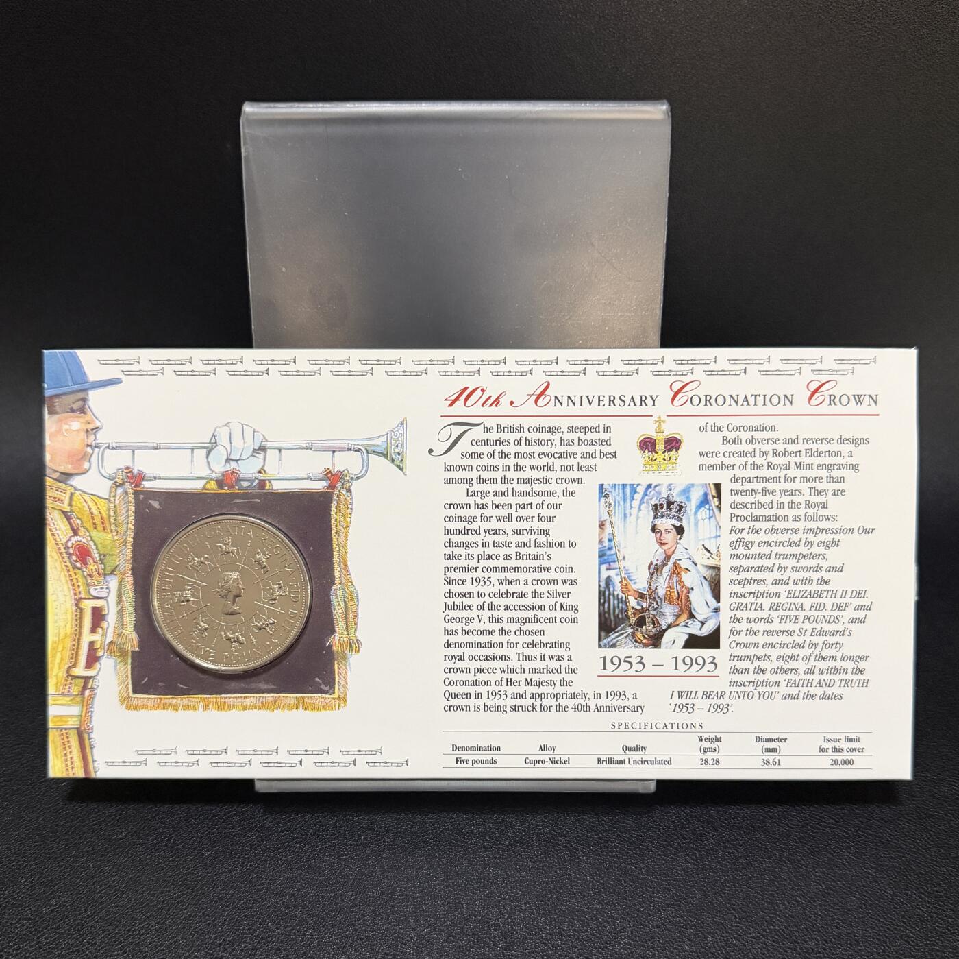 ＜星葵🌻钱币社＞第72期·东奔西走的硬币·3月31日发货 〈邮币封·附10镑高面值不列颠女神邮票〉英国1993年女王登基40周年5镑克朗型纪念币