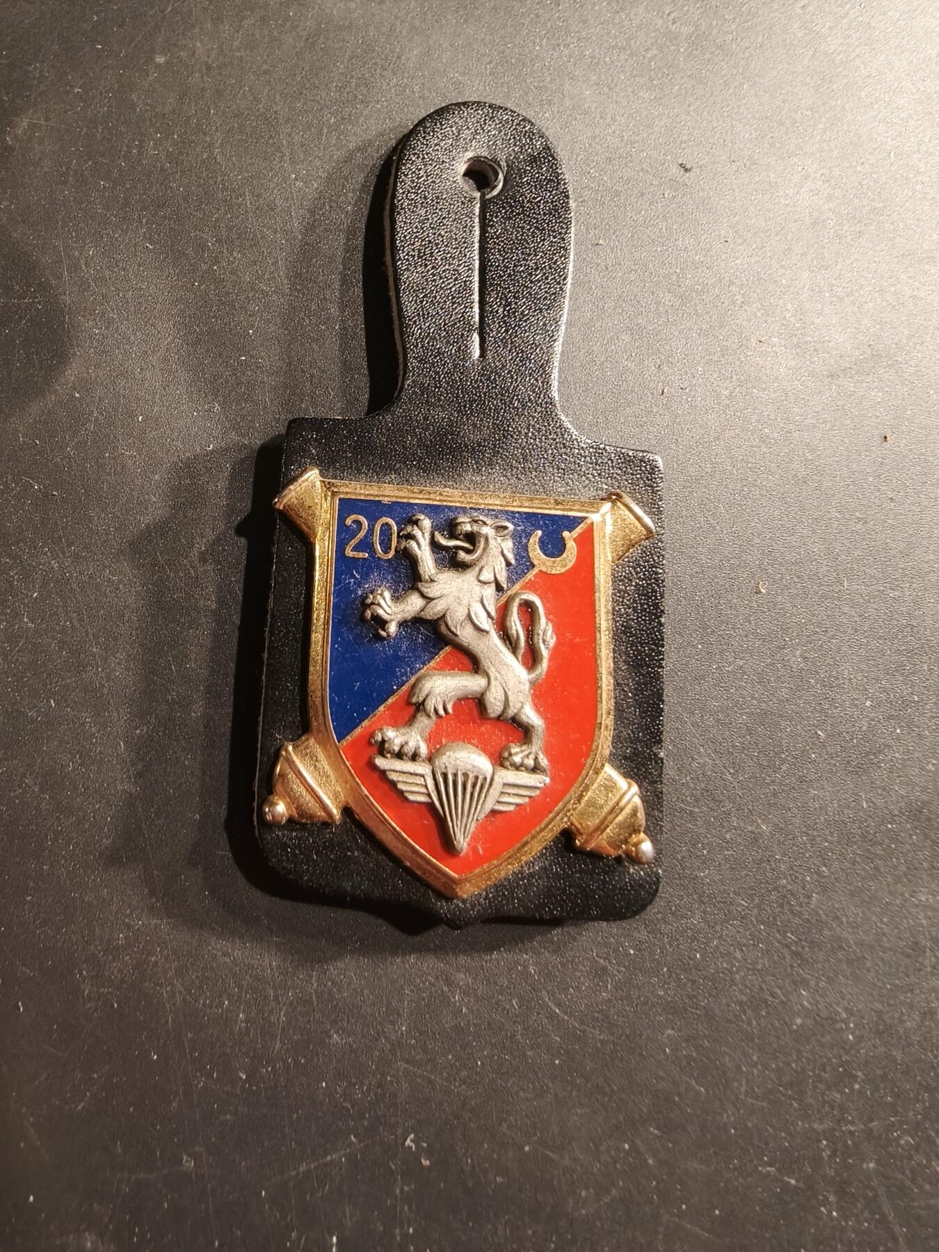 老王徽章第190期 法国陆军第20伞降炮兵团证章       该团前身为第20炮兵团，后演变为轻型伞兵炮兵团（RALP），并曾作为第20伞兵炮兵群（20e GAP）存在。该部队曾隶属于法国第11伞兵师（11e DP），参与过包括阿尔及利亚战争在内的多项行动。目前第20伞兵炮兵团已经解散，其职能和传统在一定程度上由现役的第35伞兵炮兵团