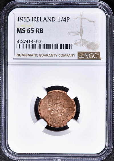 【俄甄集藏】2026年(050)04-01星期三 晚 19:30 全场包邮 - 爱尔兰1953年丘鹬1/4便士铜币，NGC MS65RB，原铜色，转光品相